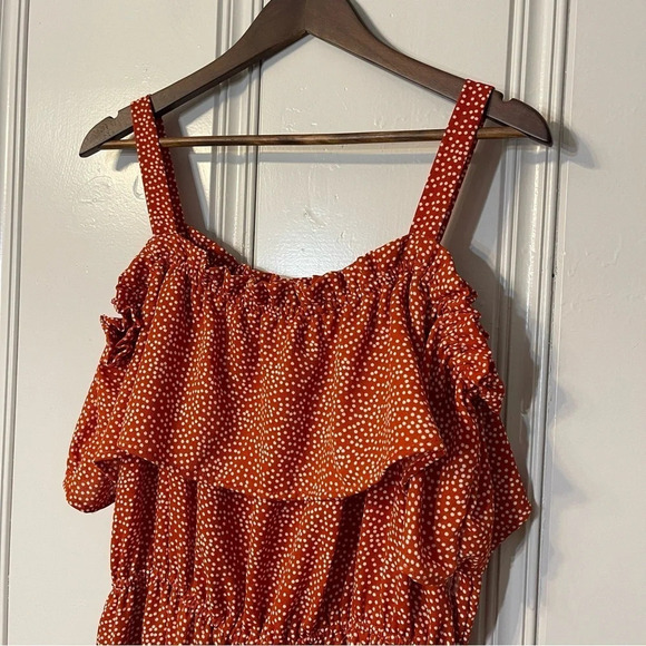 Liberty Love Burnt Orange Polka Dot Ruffled Off The Shoulder Midi knee Dress 2XL - Picture 2 of 9